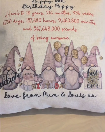 Personalised 18th Birthday Girl Plush Linen Cushion with Pink and Gold Gonk Design and Birth Stats - Gifts for 18th Birthday Girl