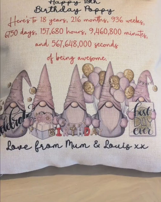 Personalised 18th Birthday Girl Plush Linen Cushion with Pink and Gold Gonk Design and Birth Stats - Gifts for 18th Birthday Girl