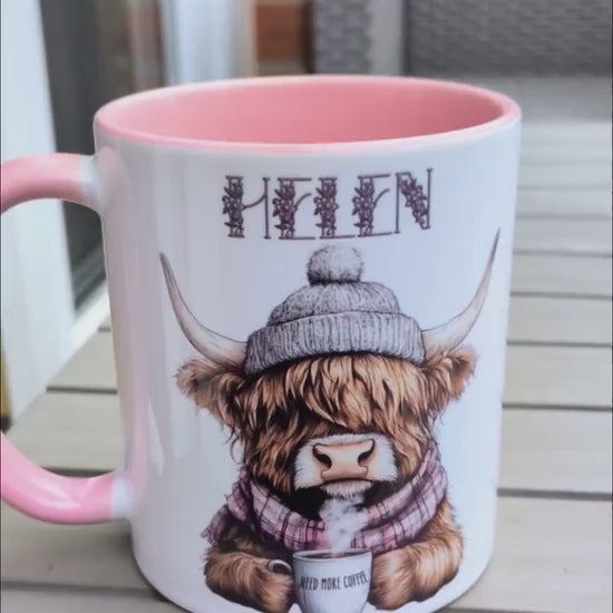 Personalised Highland Cow Mug – Cute Winter Coffee Cup with Name, Pink Handle and Inner - Highland Cow Gift for Her - Highland Cow Lovers