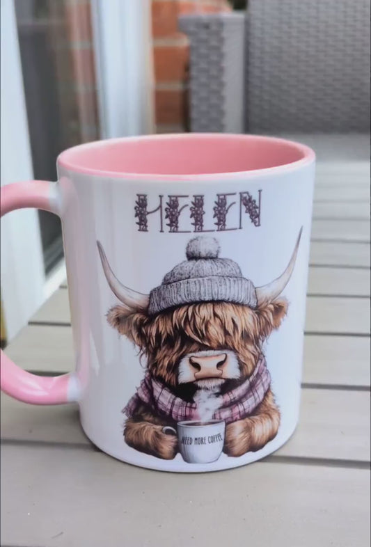 Personalised Highland Cow Mug – Cute Winter Coffee Cup with Name, Pink Handle and Inner - Highland Cow Gift for Her - Highland Cow Lovers