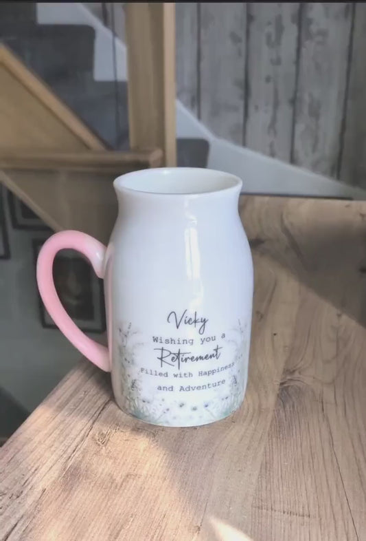 Personalised Ceramic Floral Vase Gift for Retired Ladies - Sage Florals with Quote - Add a Name - Unique Retirement Gift with Box - Flowers