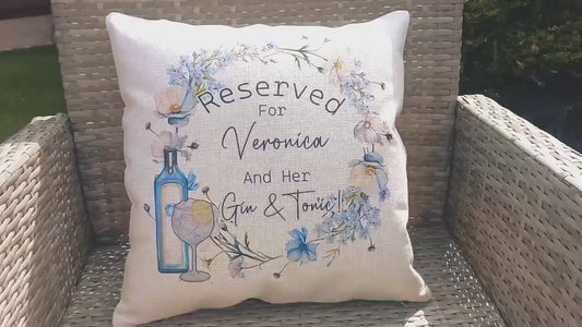 Personalised Linen Reserved Seat Cushion Gin & Tonic Theme with Blue flowers  Gin Lovers Gift Cushion and Cover Retirement Gift Friend Gift