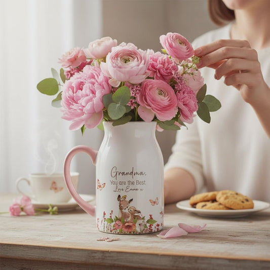 Personalised Small Jug Vase for Nana or Grandma with a Deer and Floral Theme