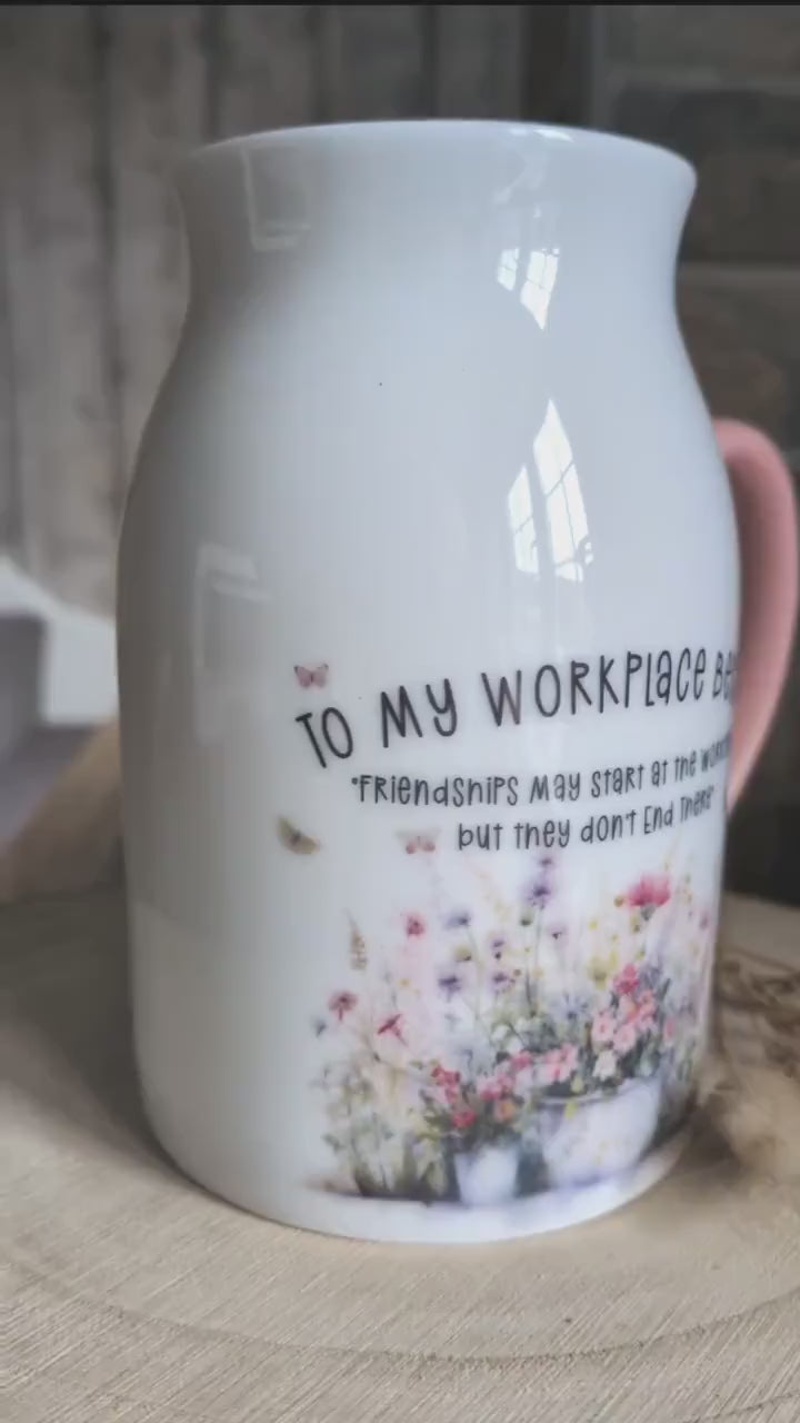 Personalised Ceramic Jug Vase – “To my Workplace Bestie” – Floral Vase Gift for Co-worker,  Birthday, Work Friend Gift -