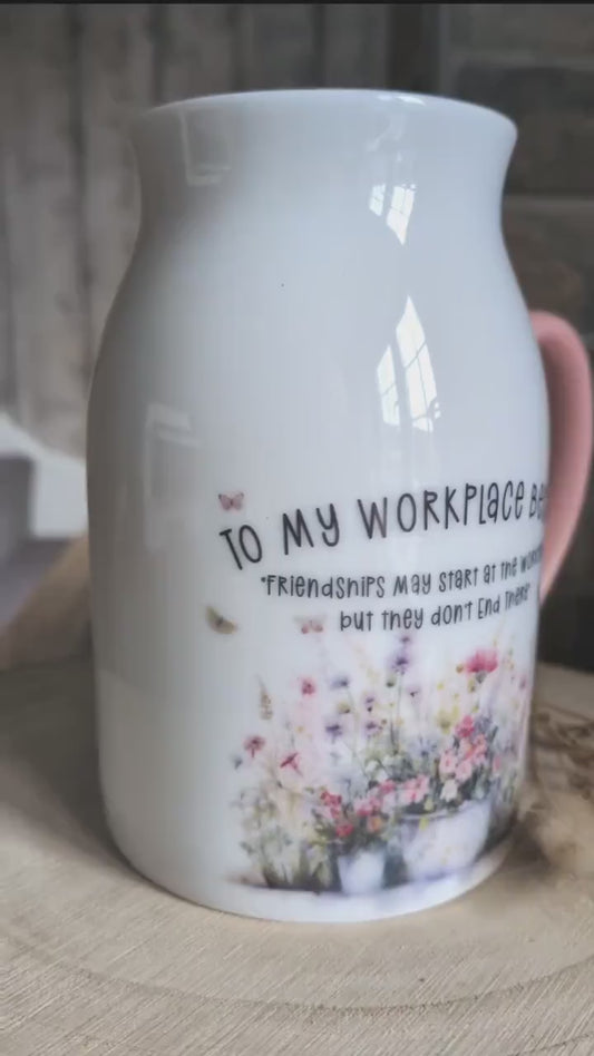 Personalised Ceramic Jug Vase – “To my Workplace Bestie” – Floral Vase Gift for Co-worker,  Birthday, Work Friend Gift -