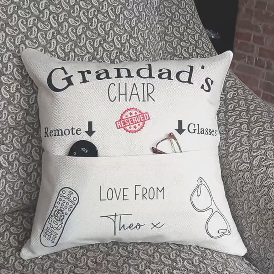 Personalised Reserved for Dad Pocket Cushion - Remote and Snacks - Gift from Kids  - Linen Cushion and Cover - Fathers Day Gift