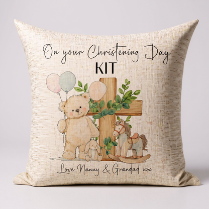 Personalised Boys Linen Christening/Baptism Pillow with Teddy Bear Theme