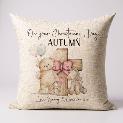 Personalised Girls Linen Christening/Baptism Pillow with Teddy Bear Theme