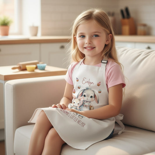 Personalised Linen Kids Apron with a Bunny Theme– “Grandma’s Little Helper”  Custom Name Baking Apron for Children